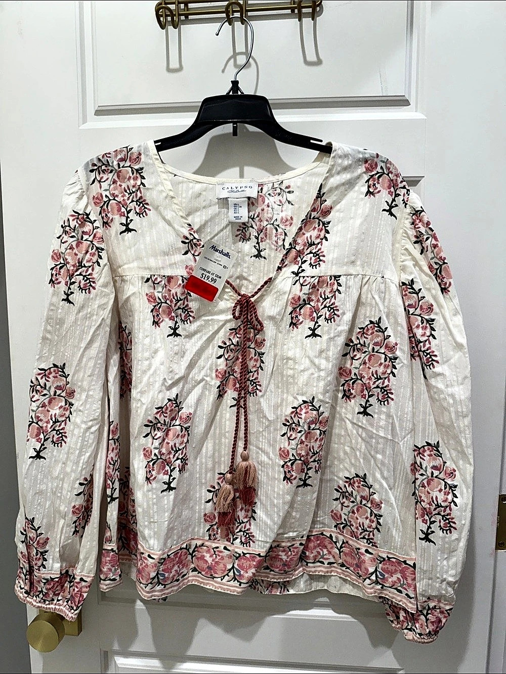 Calypso St. Barth Floral Cotton Modal Blouse in White & Pink Large NWT
